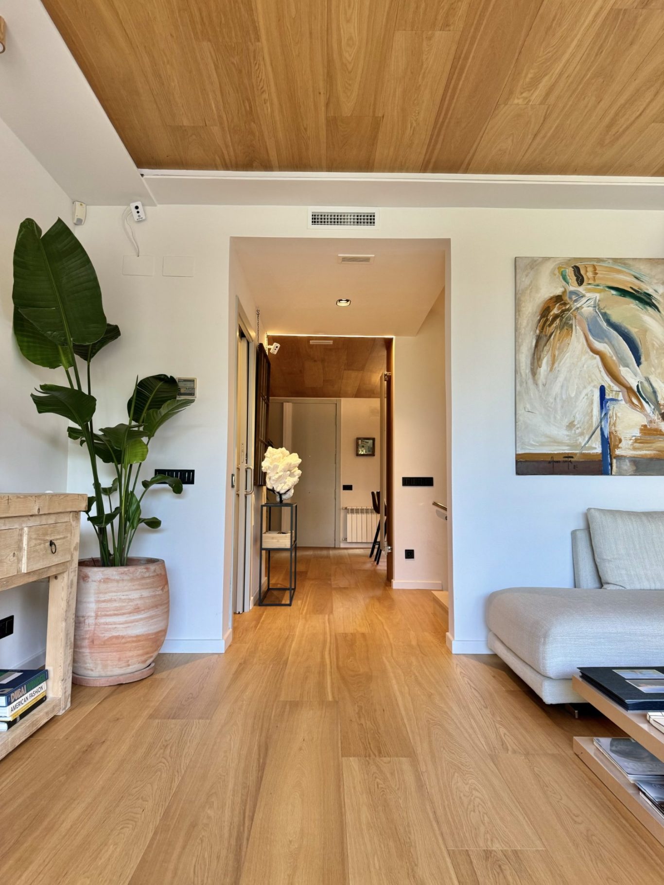 Greco Interior moderno con suelo de madera, planta en maceta y obra de arte en la pared.